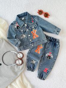 SHEIN Playful Pals 2pcs Baby Boys Retro Blue Denim Outfit,Collared Long Sleeve Jacket With Letter Print And Elastic Waist Wide Leg Pants,Casual Back-To-School Autumn Set - Medium Wash - View 8