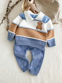 SHEIN 2件套幼儿男童条纹针织小熊刺绣可爱毛衣和裤子套装 - 藍白色 - 查看 3