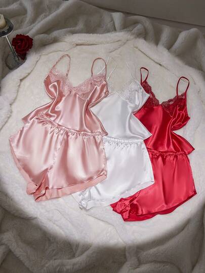  SilkySpell Women's Sexy Deep V Camisole, Shorts, Lace Trim Satin 3-Piece Pajama Set, Suitable For Outdoor Wear All Year Round