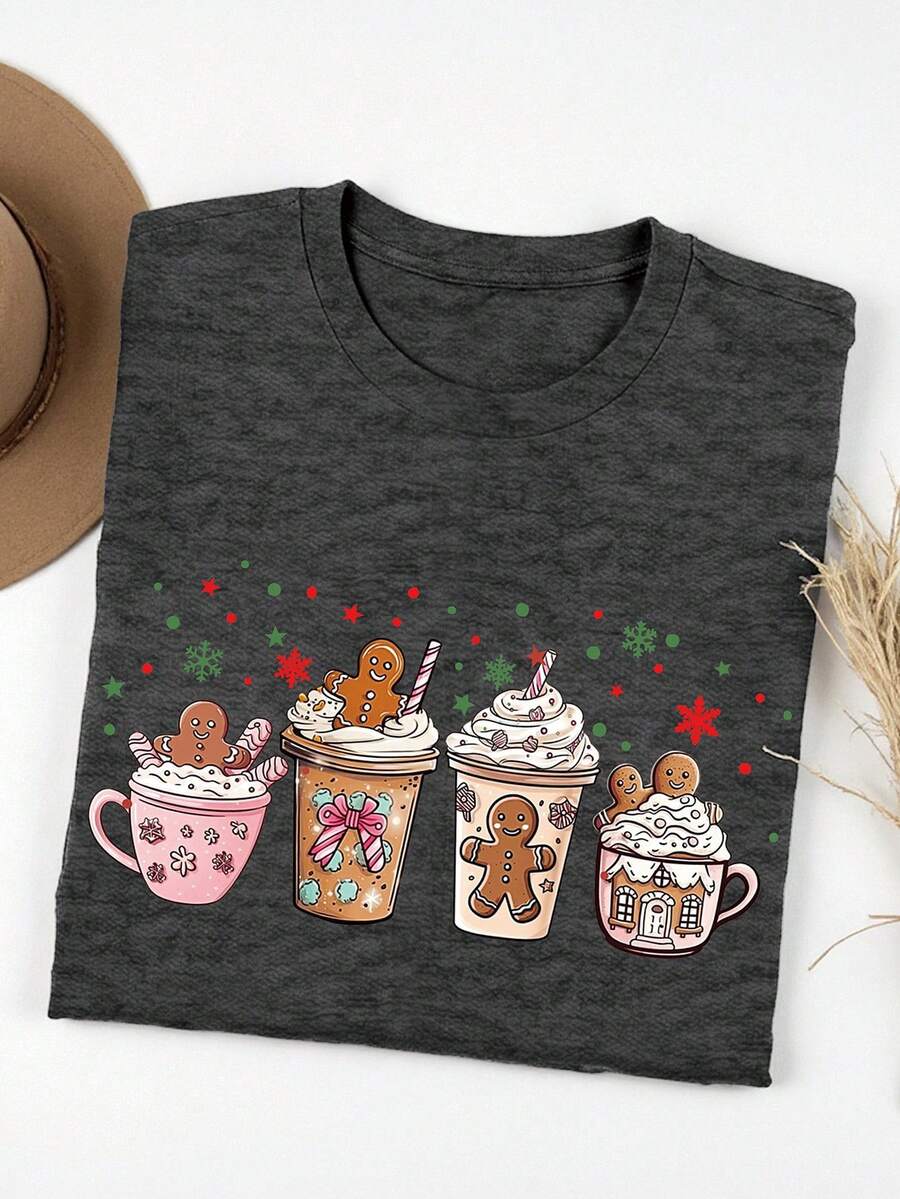EMERY ROSE Christmas Coffee Gingerbread Printed Casual Plus Size T-Shirt - Dark Grey - View 1