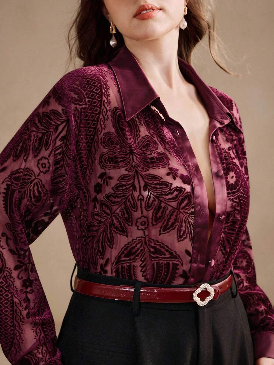 Anewsta Áo sơ mi nữ cỡ lớn màu đỏ vintage, chất liệu nhung, thiết kế họa tiết cháy xém, dáng rộng, thích hợp cho trang phục lễ hội, ngày Valentine, hoặc đi nghỉ mát. - Đỏ - Xem 1