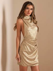 SHEIN BAE Váy xếp ly mini màu mơ hở lưng cao cấp tối giản, váy dự tiệc cho nữ, trang phục câu lạc bộ gợi cảm cho nữ - Vàng - Xem 4