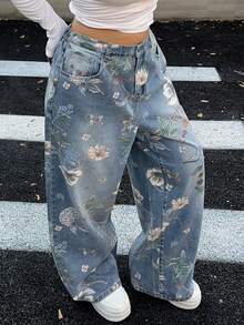 Dazy Plus Valentine Floral Print Straight Leg Long Plus Size Women Jeans - Light Wash - View 8