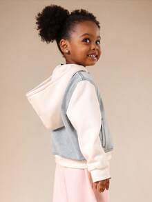 SUMWON 儿童牛仔布和针织混纺连帽衫，带刺绣标志细节，适合秋冬季休闲叠穿度假穿着 - 藍色 - 查看 2