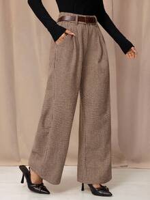 SHEIN PETITE 复古优雅女式修身格子直筒口袋裤，卡其色文艺复兴博览会旧钱商务休闲女装商务休闲女装工作服女装旧钱风格女装商务休闲女装教堂服装女装 - 棕色 - 查看 6