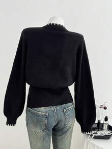 SHEIN Unity Women's Autumn/Winter Metal Buckle Stylish French Ribbed Waist Versatile All-Match Casual Sweater - Black and White - View 2