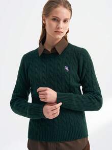 Airaco Pony Knitted Twist Rope Crew Neck Sweater - Dark Green - View 3