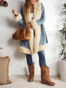 EMERY ROSE Women's Fashionable Fuzzy Patchwork Denim Jacket, Autumn/Winter - Blue - View 4