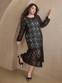 Dazy Plus Vestido Solto de Manga Lanterna com Renda Estilo A-Line para Mulheres Plus Size, Adequado para Festa, Encontro, Baile de Formatura, Vestidos Elegantes para Mulheres - Preto - Visão 5