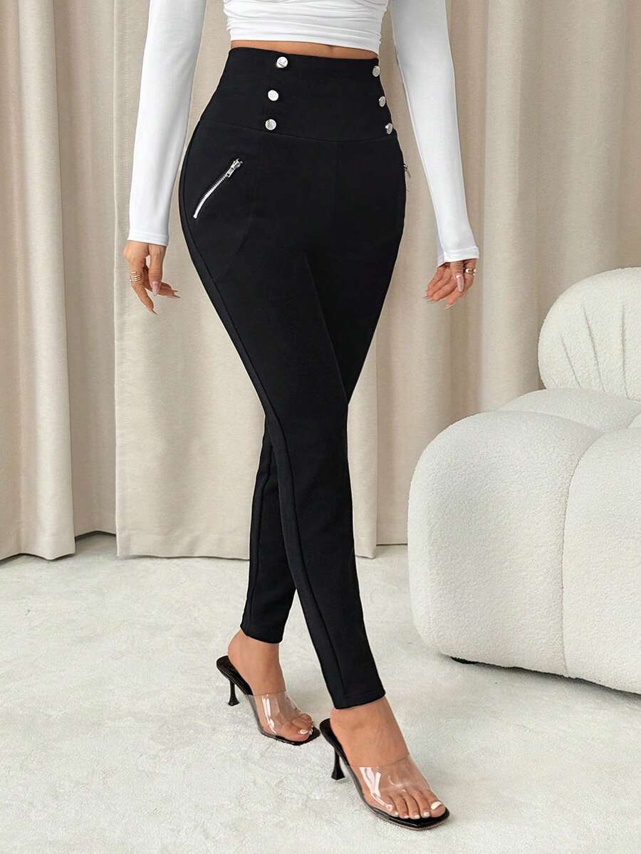 SHEIN PETITE High Waist Button Detail Black Skinny Pants - Black - View 1