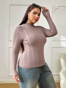 SHEIN EZwear Plus Size Women Casual Pink Long Sleeve T-Shirt, Autumn