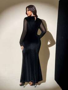 Viva Relle Plus Size Solid Color Minimalist Long Sleeve Casual Dress - Black - View 2