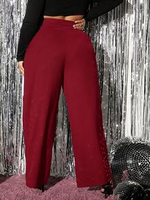 SHEIN SXY 大码女式红色休闲宽松高腰阔腿裤，秋季 - 紅色 - 查看 2