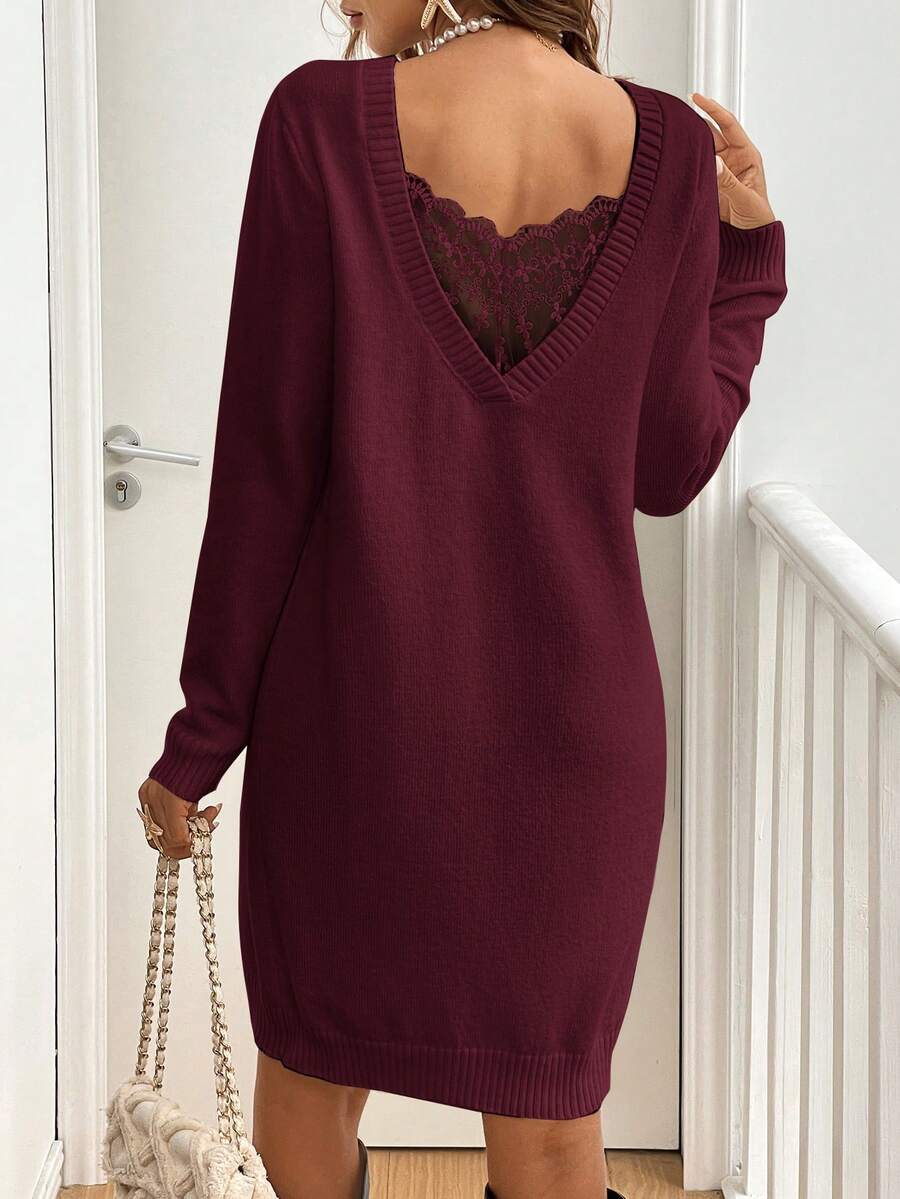 SHEIN Frenchy Váy len ngắn tay dài viền bèo nhún ren cho nữ mùa thu/đông - Màu Hồng Tươi - Xem 1