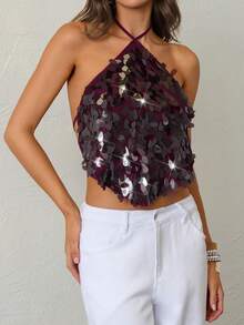 Aloruh 女士性感亮片露背吊带上衣，适合夏季海滩度假、波西米亚风热带度假、音乐会、锐舞节、乡村音乐会、伊比沙岛、纳什维尔等场合，以及西部牛仔风格活动。 - 酒紅色 - 查看 4