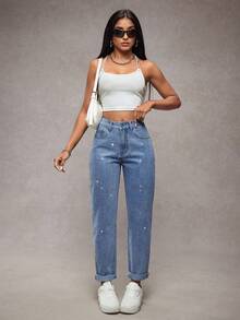 SHEIN Tall 女式高腰水钻装饰水洗牛仔锥形裤 - 深色水洗藍 - 查看 5