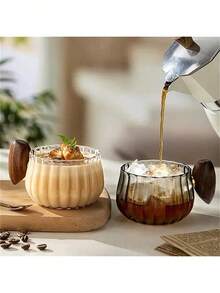 1pc Transparent/Grey Wooden Handle Glass Cup Back To School - Army Green - View 4