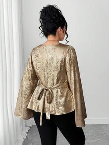 Elenzga 大码女式优雅法式闪亮金属面料衬衫，V 领，系腰带，喇叭形长袖，适合日常外出、聚会、约会、酒吧，独特的闪亮哑光面料，春季衬衫 - 金色 - 查看 2