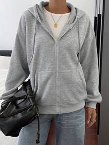 DAZY 女士水钻装饰卫衣，宽松商务休闲街头风卫衣，适合秋冬季节，也适合新年和圣诞节穿着。 - 灰色 - 查看 4