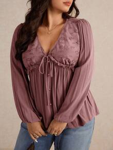 Elaquor Áo cánh tay đèn lồng xếp ly thêu khoét rỗng phía trước thời trang cho nữ cỡ lớn - Hồng - Xem 5