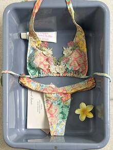 Swim Vcay Women's Summer High-End Gold Thread Embroidered Lace Paisley Color Block Romantic French Riviera Bikini Set - Multicolor - View 6
