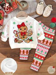 SHEIN 圣诞节可爱卡通姜饼人、雪花、铃铛、拐杖糖印花柔软厚实圆领长袖卫衣和打底裤套装，适合秋冬季女婴 - 彩色 - 查看 2