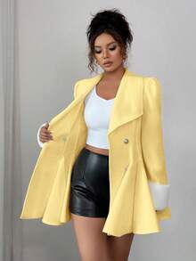 Selianne 女士貂皮翻领袖口腰部 A 字型优雅日常通勤厚羊毛大衣 - 黃色 - 查看 8