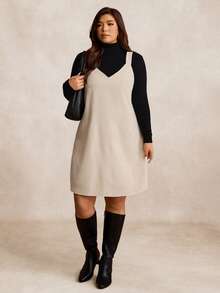 SHEIN LUNE Plus Size Casual Solid Color Sleeveless Dress - Beige - View 1