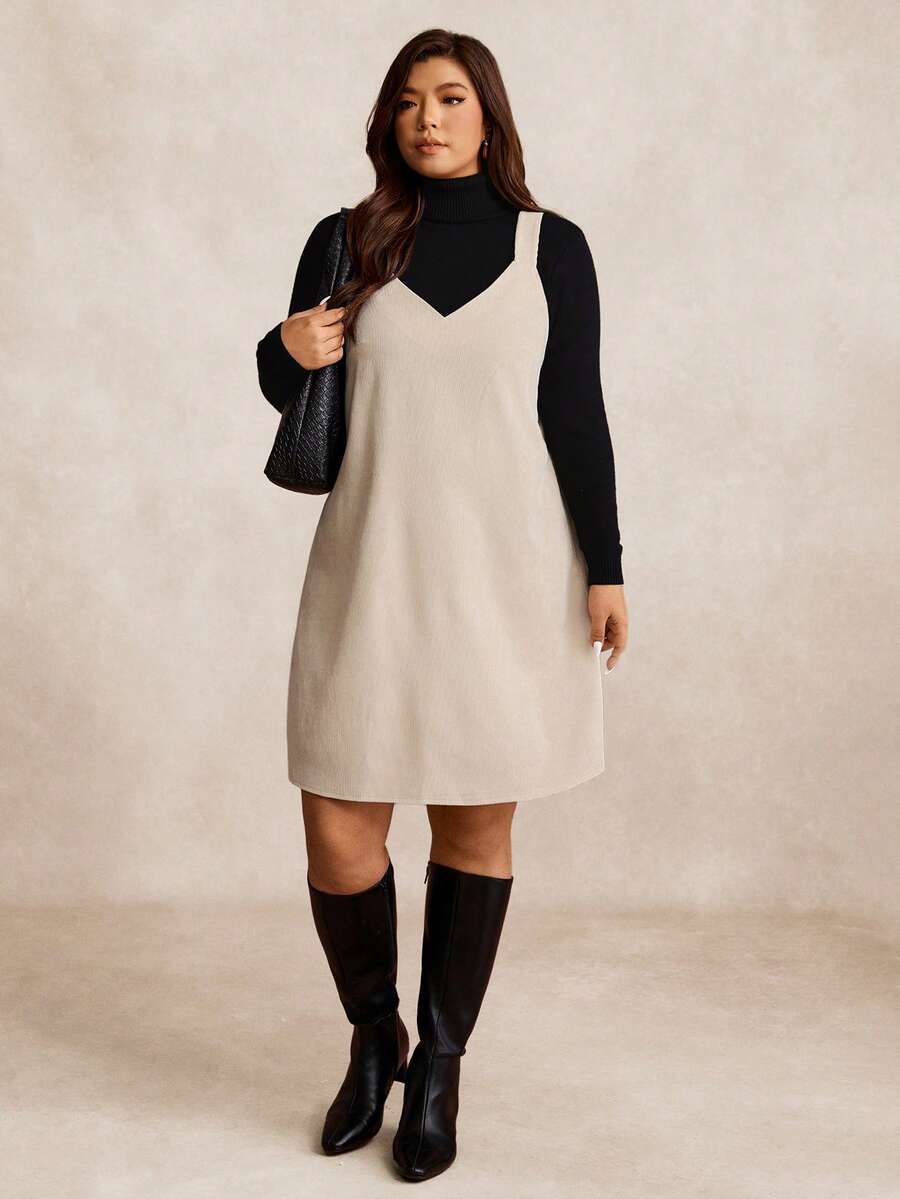 SHEIN LUNE Plus Size Casual Solid Color Sleeveless Dress - Beige - View 1