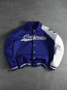 Aesthetic Post 男士时尚休闲学院风印花长袖夹克，蓝色棒球夹克 - 藍白色 - 查看 3