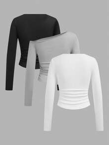 SHEIN EZwear Tricou casual versatil tricolor tricotat pentru femei, asortat, 3 pachete, topuri cu mânecă lungă, topuri scurte, topuri strâmte, topuri cu mânecă lungă pentru femei