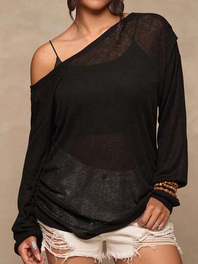 Freevana Maglia asimmetrica in maglia casual di taglia grande, T-shirt versatile adatta per l'autunno/inverno