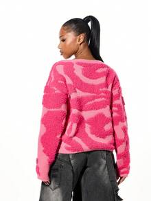 SUMWON WOMEN Suéter corto texturizado y esponjoso con patrón abstracto para capas de otoño e invierno - Rosa Fucsia - Ver 2