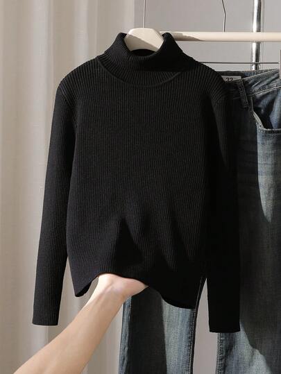 SHEIN ティーンガール 無地スリムフィットタートルネックプルオーバーセーター、長袖ニットセーター、ファッショナブルでミニマリスト、秋冬ブラックセーター ロングセーター 猫好きの女の子服