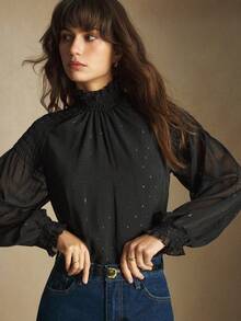 BizChic Áo kiểu tay phồng cổ cao màu đen mới mùa Thu/Đông 2025 với họa tiết thêu chỉ kim loại, thanh lịch, phù hợp cho công sở, đi làm hàng ngày, lãng mạn, phong cách thập niên 90, Giáng sinh và Năm mới. Thích hợp cho Lễ Tạ ơn, tiệc tùng, đi biển, lễ tốt nghiệp, kỳ nghỉ, dự đám cưới, tiếp khách, hẹn hò, tiệc tùng, buổi hòa nhạc, bữa ăn sáng muộn, sân bay. - màu đen - Xem 1