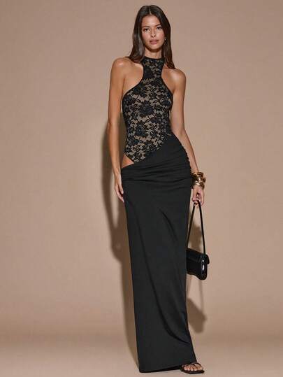 SHEIN BAE סרבל תחרה אסימטרי ללא שרוולים לנשים, שמלת מקסי שחורה אלגנטית מתאימה לחג המולד, ליל כל הקדושים, מסיבות, אירועים רשמיים, שמלות שושבינה, שמלות יום הולדת, שמלת מקסי סאטן צהובה לחג המולד, מסיבות קוקטייל, עסקים קז'ואל