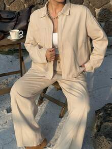 Dazy Plus 2 件大码女式牛仔套装，短款口袋翻领宽松上衣夹克和直筒牛仔裤，街头风格 - 杏色 - 查看 5