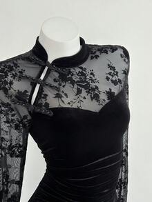 Elamini 女士黑色天鹅绒和网眼面料中式领侧开衩珍珠纽扣褶腰鱼尾长袖超长连衣裙，优雅的中国复古风格，适合派对、通勤、约会，百搭秋冬 - 黑色 - 查看 4