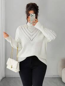 Elenzga 大码女式 V 领纯色套头毛衣，冬季 - 米色 - 查看 4