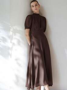 Aveloria Modichic 优雅女士雪纺连衣裙，褶皱胸部设计，公主袖，收腰喇叭裙，简约风格，通勤百搭，及膝长度 - 咖啡 - 查看 1