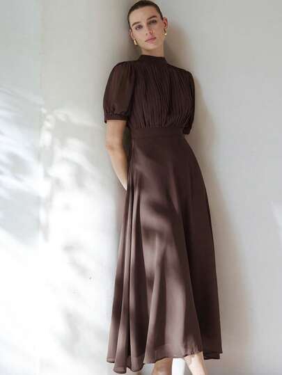 Aveloria Modichic Elegant Women's Chiffon Dress With Pleated Bust Design, Princess Sleeve, Waist Cinched, Flared Skirt, Minimalist Style, Versatile For Commuting, Knee-Length