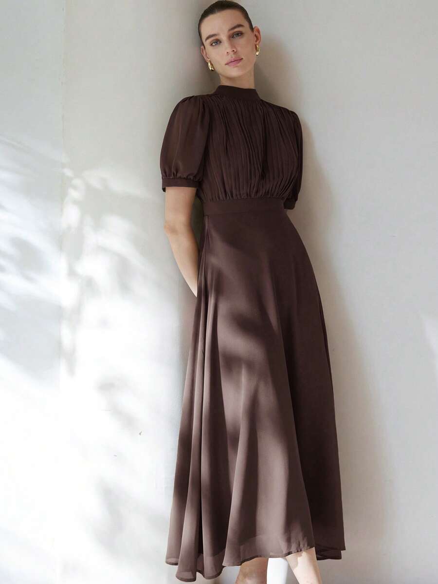 Aveloria Modichic 优雅女士雪纺连衣裙，褶皱胸部设计，公主袖，收腰喇叭裙，简约风格，通勤百搭，及膝长度 - 咖啡 - 查看 1