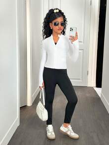 SHEIN 青少年女孩黑色立领拉链针织运动服套装（含紧身裤）、运动套装、运动休闲套装、慢跑套装 - 黑與白 - 查看 6