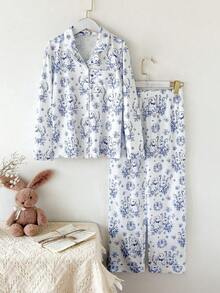 SHEIN 女童休闲兔子印花全拉链连帽衫和裤子两件套家居服套装 - 藍白色 - 查看 1