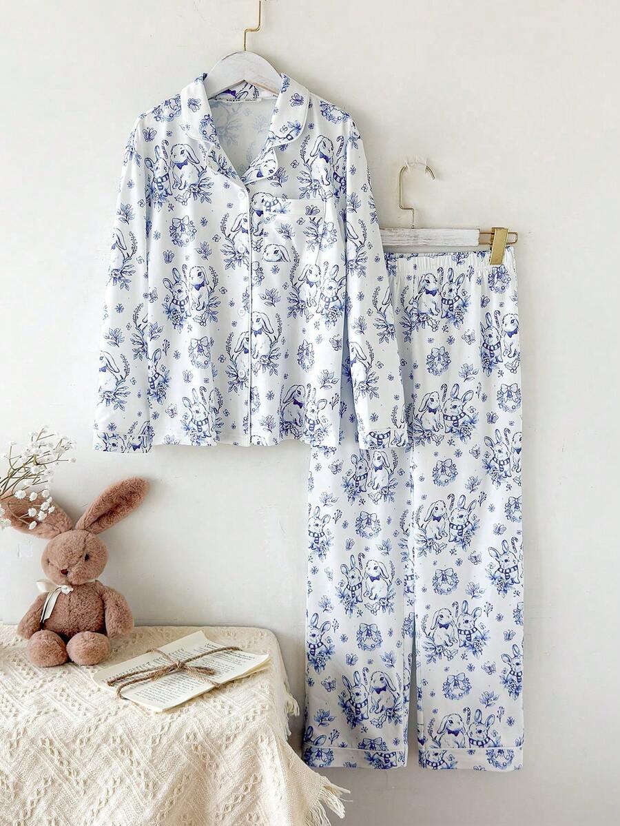 SHEIN 女童休闲兔子印花全拉链连帽衫和裤子两件套家居服套装 - 藍白色 - 查看 1