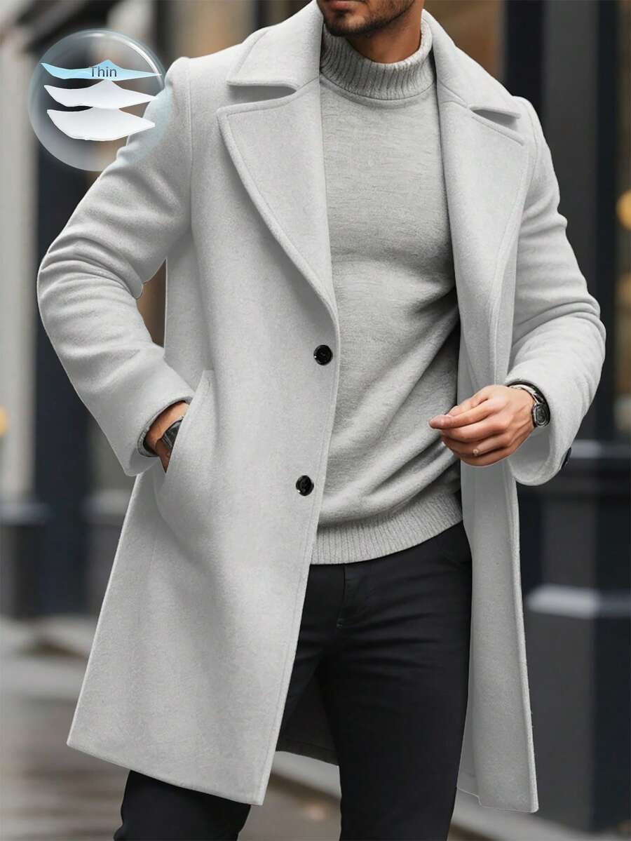 Manfinity Homme Men's Solid Color Pocket & Button Front Long Sleeve Overcoat, Autumn Fall Going Out Overcoat, For Friends, Husband, Boyfriend Gifts, Winter - Grey - View 1