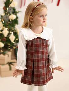 SHEIN Váy thu cho trẻ sơ sinh và bé gái, 6 tháng - 3 tuổi, họa tiết kẻ caro đỏ thời trang phong cách trường học có nơ 3D, cổ nhún bèo, tay bồng, thoải mái và mềm mại, thích hợp mặc vào mùa xuân, mùa thu, mùa đông, mặc thường ngày, làm quà tặng - Màu Đỏ Sâu - Xem 5