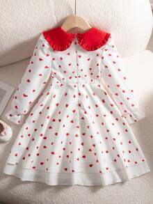Vestido novo de outono para meninas, 1 peça, gola com estampa de coração vermelho, manga comprida vermelha, zíper nas costas, punho e bainha elásticos, duas camadas, simples e fofo, versátil, adequado para o dia dos namorados, passeio, festa, escola, estilo princesa - Vermelho - Ver 2