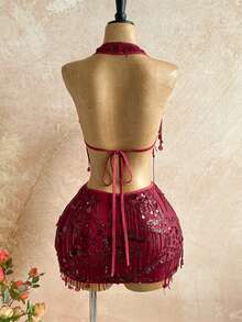 Soleia 2 件合身闪亮流苏亮片垂坠领吊带背心和迷你裙套装，适合音乐节、派对、中国红、年会、圣诞节、万圣节 - 酒紅色 - 查看 2