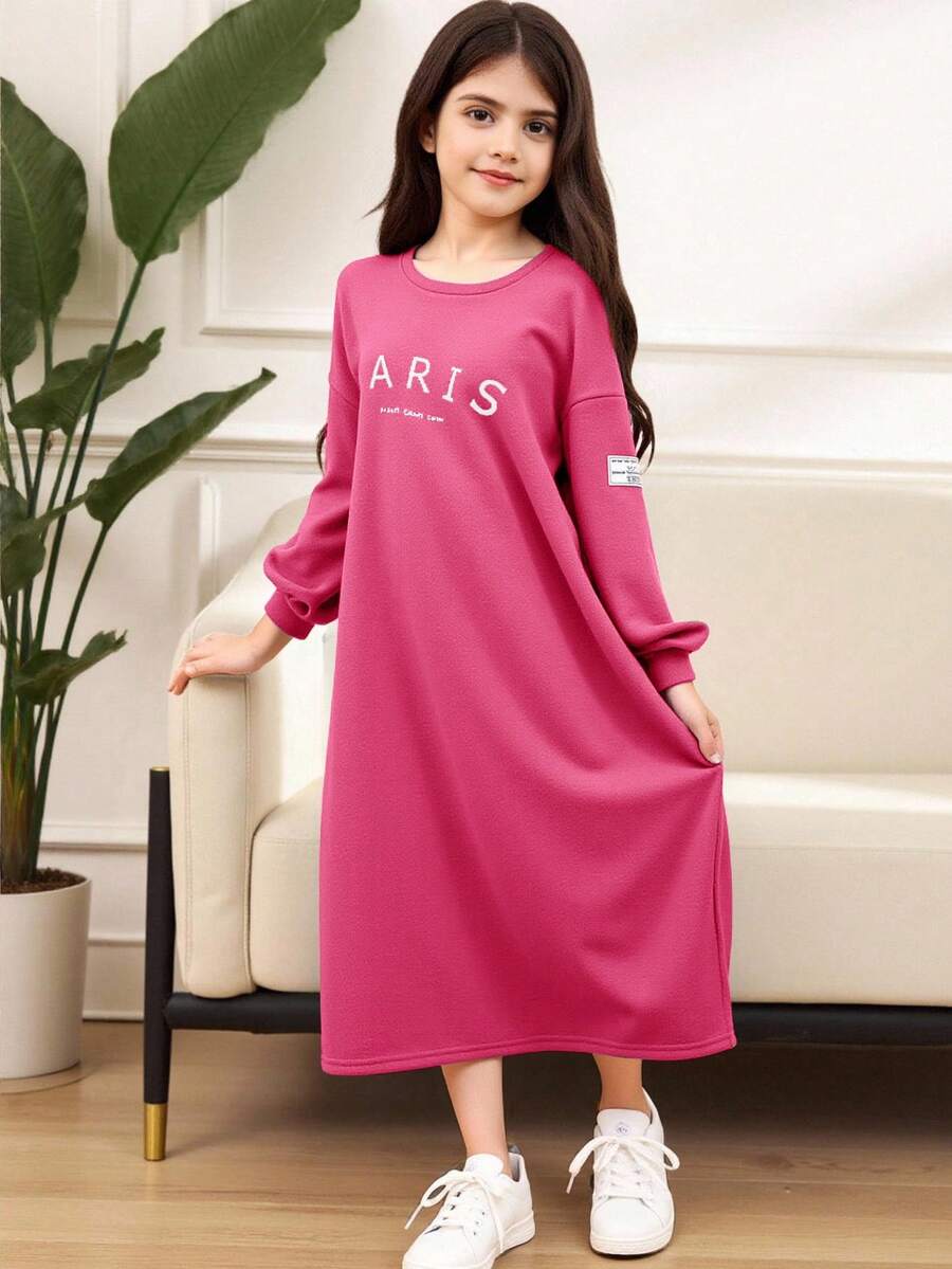 SHEIN 青少年女孩休閒保暖內裡寬鬆衛衣連身裙,粉色與白色,秋冬,學校,返校季 - 玫紅色 - 查看 1